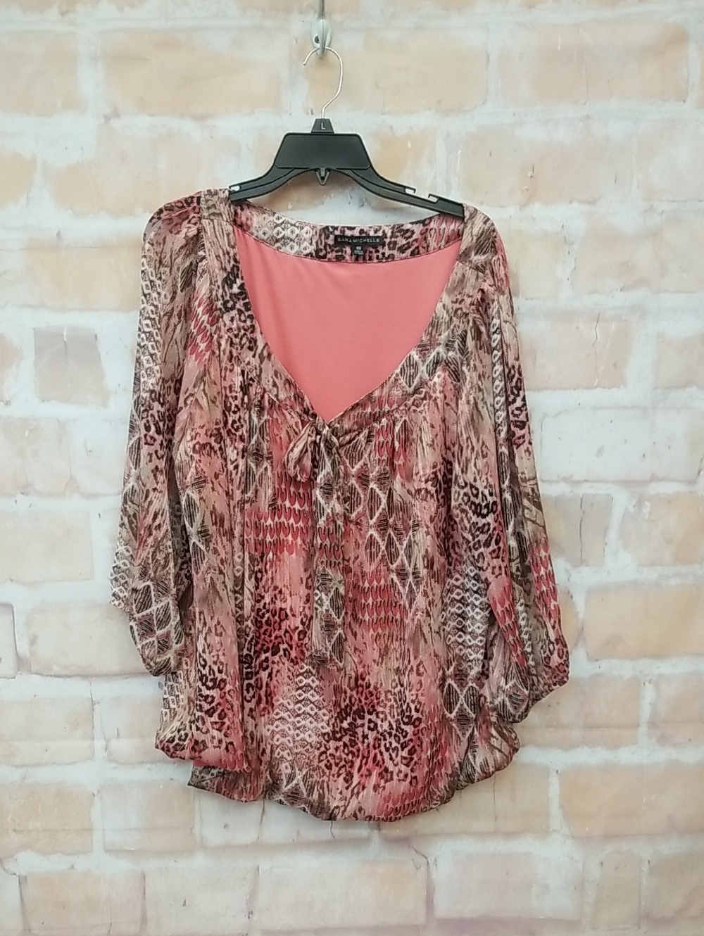 Sara Michelle Pink Mixed-Print Tie-Neck Blouse